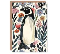 Artery8 Greeting Card Penguin in Coastal Wildflowers Bright Floral For Her Woman Birthday Card