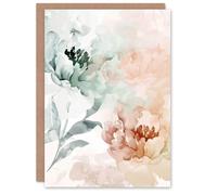 Artery8 Greeting Card Peony Flowers Teal Blue Pink Light Watercolour Blank For All Him Or Her Art Birthday Card