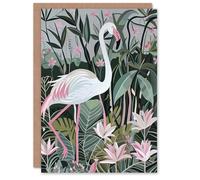 Artery8 Greeting Card Pink Flamingo Lilies Leaves Artwork Tropical For Her Woman Birthday Card