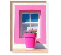 Artery8 Greeting Card Pink Geranium Flower Pot Sunny Window Sill For Her Woman Birthday Card