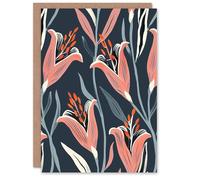Artery8 Greeting Card Pink Lily Flower Pattern Stylised Floral Design For Her Woman Birthday Card