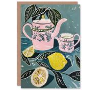 Artery8 Greeting Card Pink Teapot Teacup Lemons Painting Herbal Quirky Blank For Him Or Her Art Birthday Card