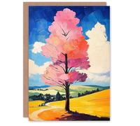 Artery8 Greeting Card Pink Tree in Countryside Field Landscape Painting Blank For Him Or Her Art Birthday Card