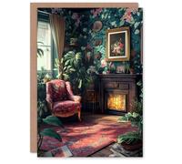 Artery8 Greeting Card Plant Lover Cozy Fireplace Floral Tapestry For Her Woman Birthday Card