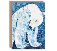 Artery8 Greeting Card Polar Bear Blue White Mosaic Pattern Folk Art Blank For Him Or Her Art Birthday Card