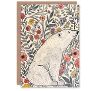 Artery8 Greeting Card Polar Bear Wildflower Pattern Soft Watercolour For Her Woman Birthday Card