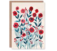 Artery8 Greeting Card Poppy Flowers Red Teal Bright Floral Watercolour For Her Woman Birthday Card