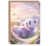 Artery8 Greeting Card Purple Baby Panda Bear in Bubble Fantasy Art For Child Kids Birthday Card
