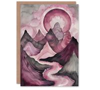 Artery8 Purple Fantasy Mountain Path Sunset Watercolour Birthday Art Card in Pink Artery8 Pink