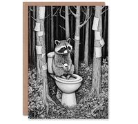Artery8 Greeting Card Raccoon on Toilet in Forest Black White Surreal Blank For Him Or Her Art Birthday Card