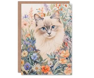 Artery8 Greeting Card Ragdoll Cat Lover Floral Pet Portrait Watercolour For Her Woman Birthday Card