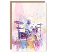 Artery8 Greeting Card Rainbow Modern Watercolour Portrait Drummer Drums Blank For All Him Or Her Art Birthday Card