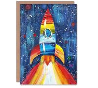 Artery8 Greeting Card Rainbow Rocket Blast Off Space Painting Colourful For Child Kids Birthday Card