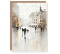 Artery8 Greeting Card Rainy Day in the City Painting Grey Cityscape Blank For Him Or Her Art Birthday Card