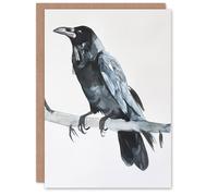 Artery8 Greeting Card Raven Bird on Tree Branch Bright Watercolour Blank For Him Or Her Art Birthday Card
