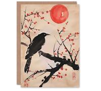 Artery8 Greeting Card Raven on Berry Tree Winter Sun Japanese Painting Blank For Him Or Her Art Birthday Card