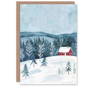 Artery8 Greeting Card Red Cottage in Winter Forest Landscape Folk Art Blank For Him Or Her Art Birthday Card