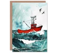 Artery8 Greeting Card Red Fishing Boat at Sea Nautical Watercolour Blank For Him Or Her Art Birthday Card