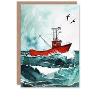 Artery8 Greeting Card Red Fishing Boat at Sea Nautical Watercolour Blank For Him Or Her Art Birthday Card