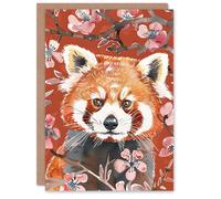 Artery8 Greeting Card Red Panda Cherry Blossom Tree Branch Watercolour Blank For Him Or Her Art Birthday Card