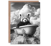 Artery8 Greeting Card Red Panda in Bathtub on Hill Black White Surreal Blank For Him Or Her Art Birthday Card