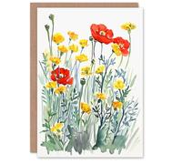Artery8 Greeting Card Red Poppies and Yellow Marigolds Wildflower Field For Her Woman Birthday Card