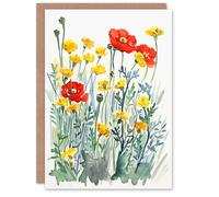 Artery8 Greeting Card Red Poppies and Yellow Marigolds Wildflower Field For Her Woman Birthday Card