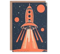 Artery8 Greeting Card Red Rocket Spaceship Launch Retro Style Design Blank For Him Or Her Art Birthday Card