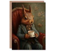 Artery8 Greeting Card Red Squirrel Tea on Armchair Victorian Portrait Blank For Him Or Her Art Birthday Card
