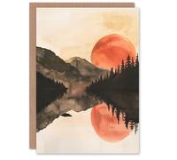Artery8 Greeting Card Red Sun Setting Behind Lakeside Forest Mountains in Orange Artery8 Orange