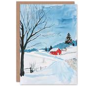 Artery8 Greeting Card Red Swedish Cottage in Winter Snow Countryside Blank For Him Or Her Art Birthday Card