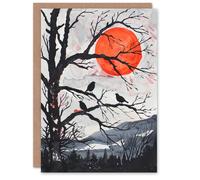 Artery8 Greeting Card Red Winter Sun and Birds on Forest Tree Landscape Blank For Him Or Her Art Birthday Card