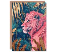 Artery8 Greeting Card Regal Pink Lion in Teal Blue Gold Tropical Jungle Blank For Him Or Her Art Birthday Card