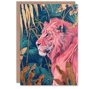 Artery8 Greeting Card Regal Pink Lion in Teal Blue Gold Tropical Jungle Blank For Him Or Her Art Birthday Card