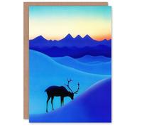 Artery8 Greeting Card Reindeer Arctic Landscape Snow Dawn Watercolour Blank For Him Or Her Art Christmas Card