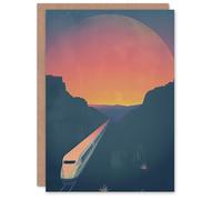 Artery8 Greeting Card Retro Futurism Sci Fi Planet Train Travel Design Blank For Him Or Her Art Birthday Card