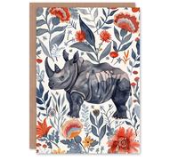Artery8 Greeting Card Rhinoceros Rhino Blue Red Floral Pattern Portrait Blank For Him Or Her Art Birthday Card