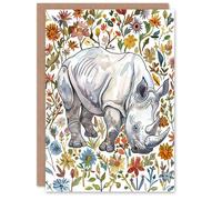 Artery8 Greeting Card Rhinoceros Rhino in Wildflower Meadow Watercolour Artery8 Multicolor
