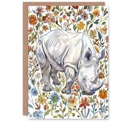 Artery8 Greeting Card Rhinoceros Rhino in Wildflower Meadow Watercolour Blank For Him Or Her Art Birthday Card