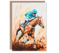 Artery8 Greeting Card Rider on Horse Racing Watercolour Dramatic Mud Blank For All Him Or Her Art Birthday Card
