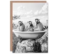 Artery8 Greeting Card Ring-tailed Lemurs in Bathtub Black White Surreal Blank For Him Or Her Art Birthday Card