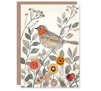 Artery8 Robin Bird Garden Flowers Bright Folk Art Birthday Art Card Artery8 Multicolor