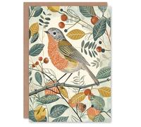 Artery8 Greeting Card Robin Bird Garden Shrub Leaves Bright Painting Blank For All Him Or Her Art Birthday Card