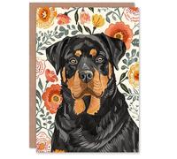 Artery8 Greeting Card Rottweiler Dog Lover Bright Floral Pet Portrait Blank For Him Or Her Art Birthday Card