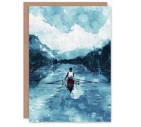 Artery8 Greeting Card Rowing Boat Blue Watercolour Coastal Landscape Blank For All Him Or Her Art Birthday Card
