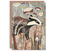 Artery8 Greeting Card Rustic Woodland Badger Artwork Forest Wildflowers Blank For All Him Or Her Art Birthday Card