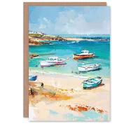 Artery8 Greeting Card Sandy Beach Bay Fishing Boats Coastal Landscape Blank For All Him Or Her Art Birthday Card