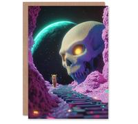 Artery8 Greeting Card Sci Fi Neon Fantasy Landscape Skull Leopard Moon Blank For Him Or Her Art Birthday Card
