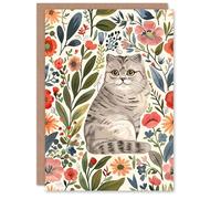 Artery8 Greeting Card Scottish Fold and Rustic Floral Pattern Cat Lover For Her Woman Birthday Card