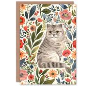 Artery8 Greeting Card Scottish Fold and Rustic Floral Pattern Cat Lover For Her Woman Birthday Card